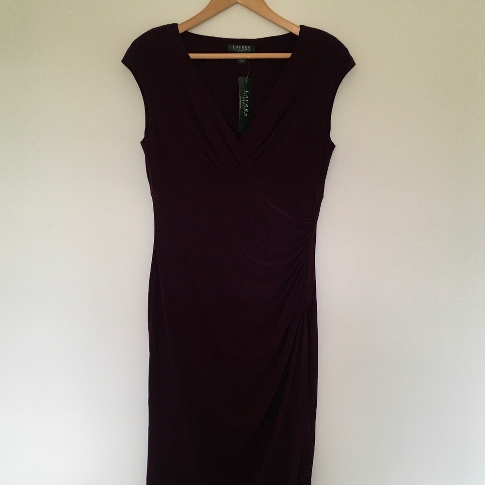 Lauren Ralph Lauren Sheath Dress 10 Raisin Ruched V-Neck Jersey Midi Cap Sleeve